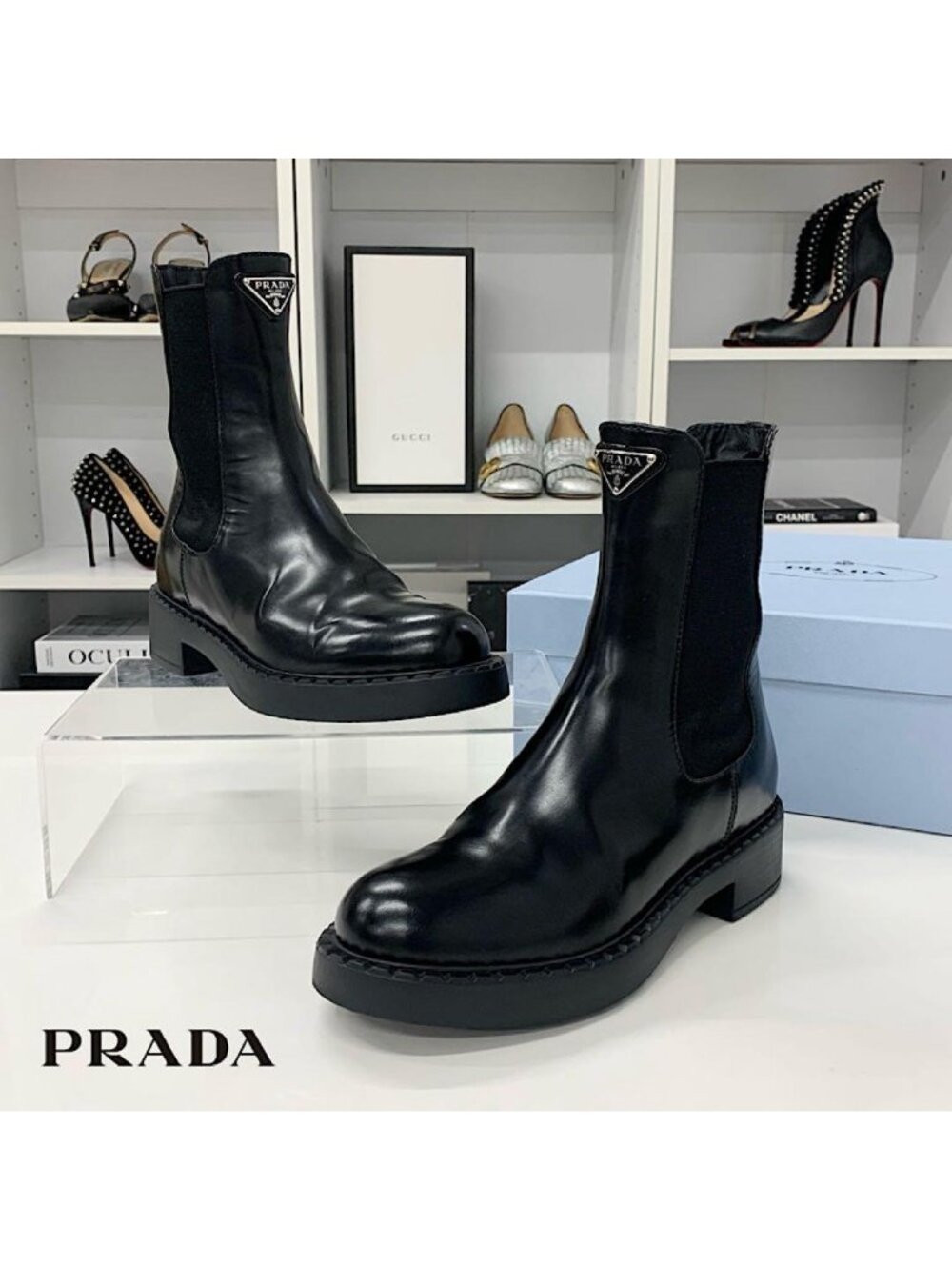Prada Triangle Logo Leather Side Gore Short Boots Black